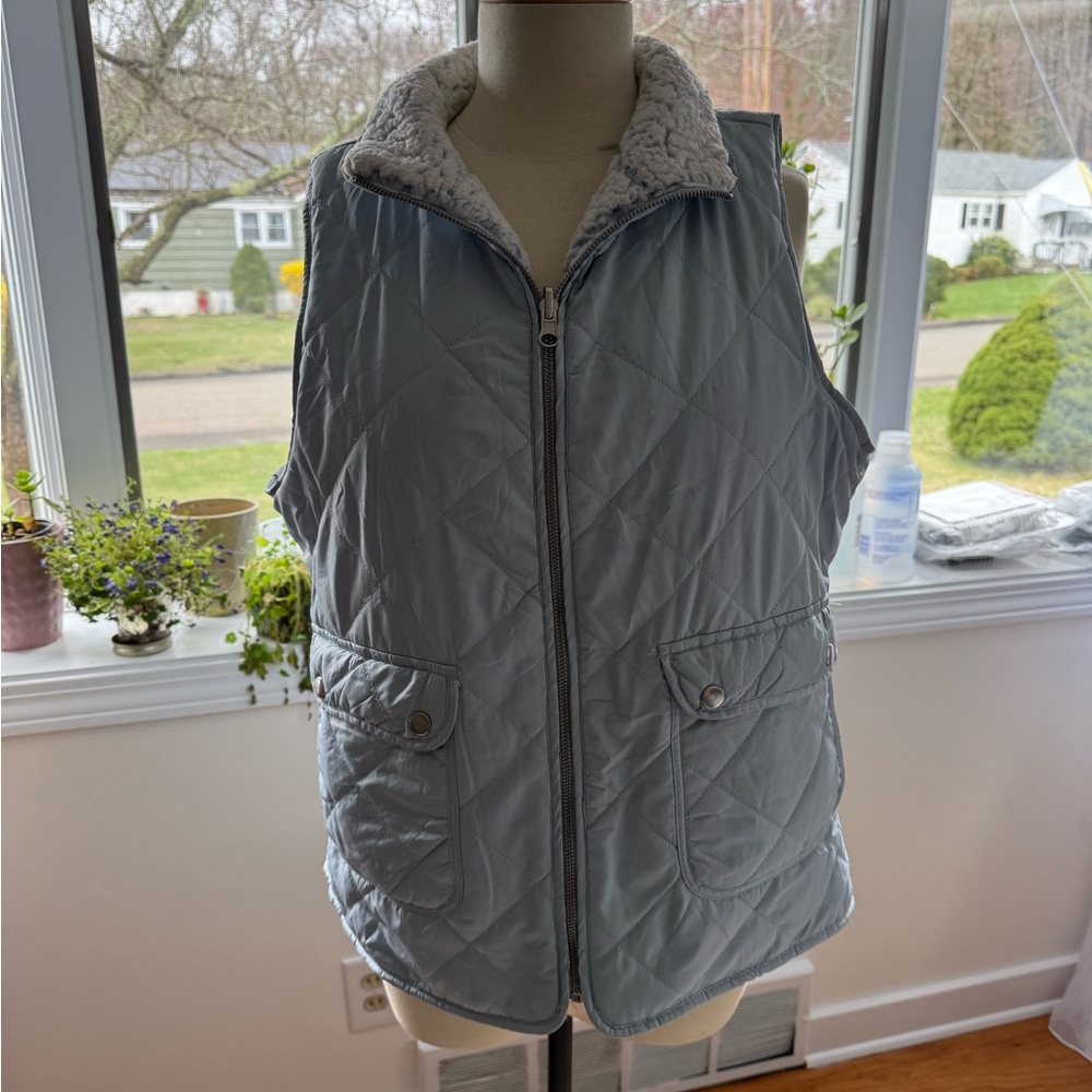 Light Blue Quilted Vest with Sherpa Collar